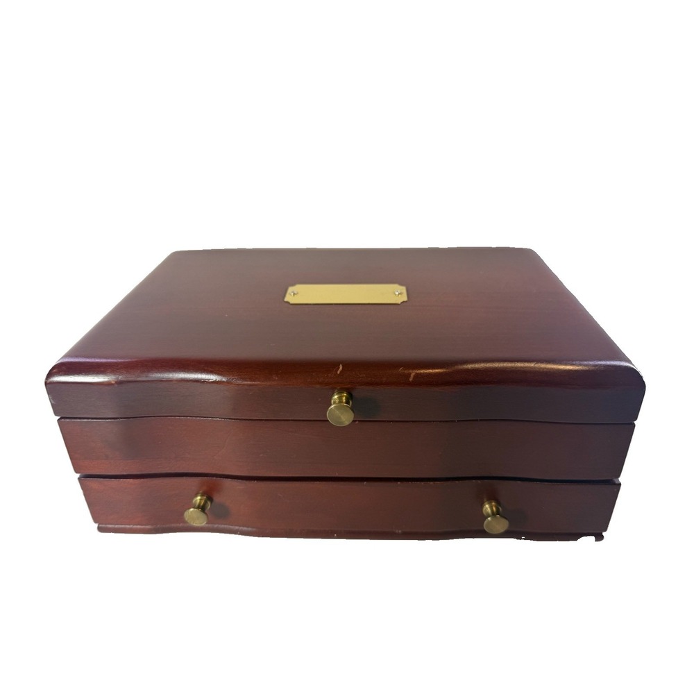 Reed & Barton Eureka Wood Jewelry Box Chest W/Drawer Burgundy Velvet Interior